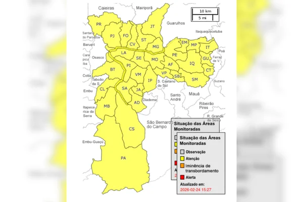 Imagem colorida da cidade de SP em estado de atenção para alagamentos - Metrópoles