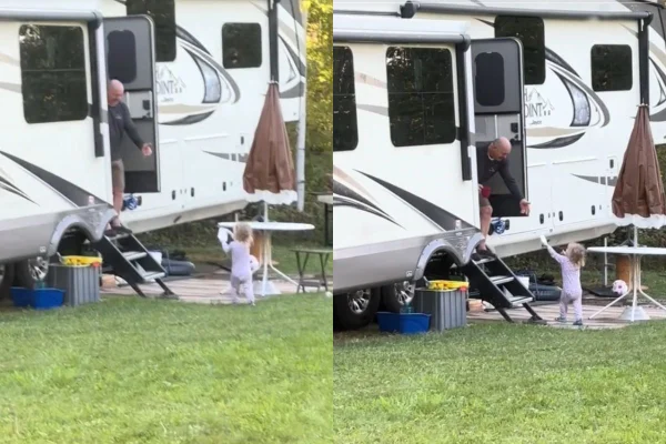Foto colorida de uma criança e um homem em um trailer - Metrópoles