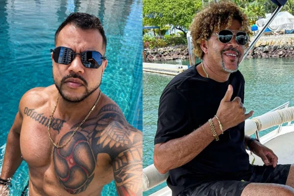 homem tatuado de óculos escuros e homem de blusa preta e óculos