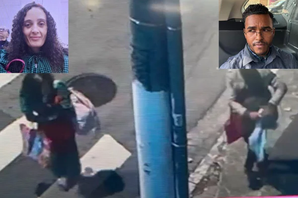 Reprodução de câmera de monitoramento com casal caminhando pela rua. Em destaque, na extrema superior esquerda, retrato de mulher branca, cabelo cacheado e roupa verde. No outro lado, homem pardo de cabelo Curto - Metrópoles