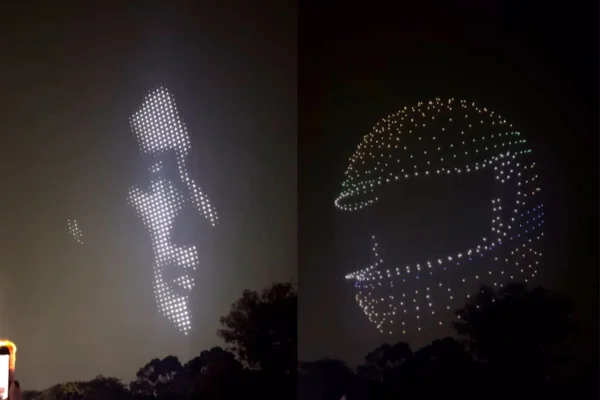 Em evento da Fórmula 1, DJ Alok projetou com drones o rosto, o capacete e a assinatura de Ayrton Senna no céu de Interlagos - Metrópoles