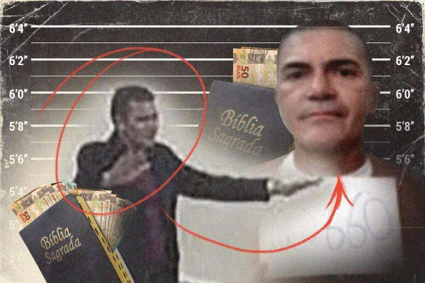 Montagem colorida de pastor pregando, com bíblias de fundo, das quais saem notas de dinheiro, e foto de preso à direita - Metrópoles