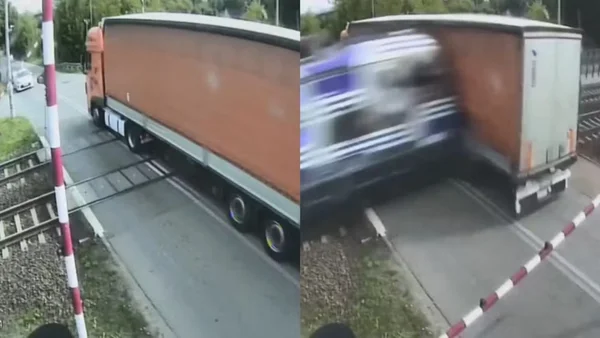 imagem colorida trem atinge caminhão parado trilhos polonia