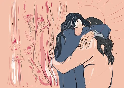 Ilustração em tons de rosa de momento de luto