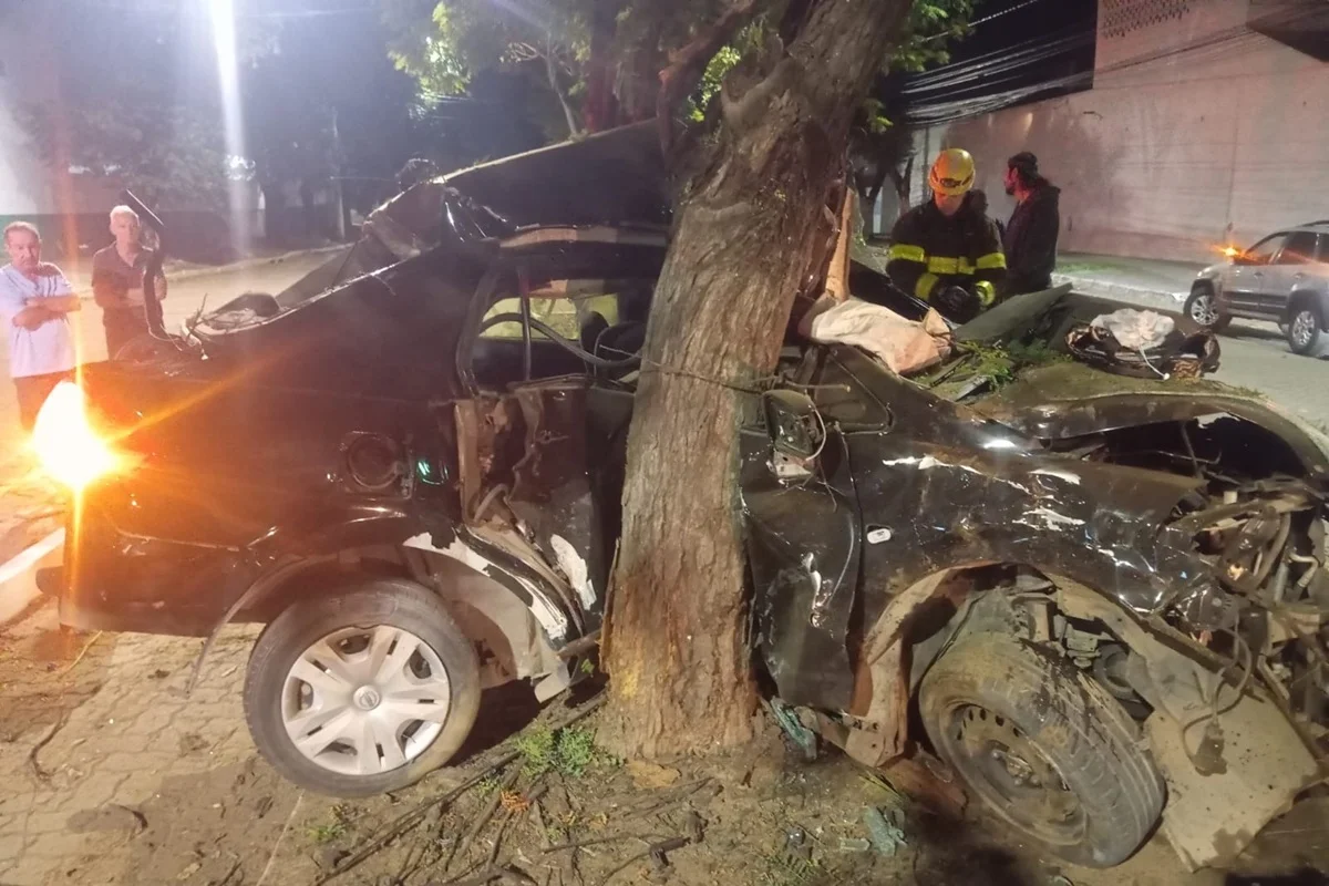 Motorista em alta velocidade bate em árvore e morre preso às ferragens
