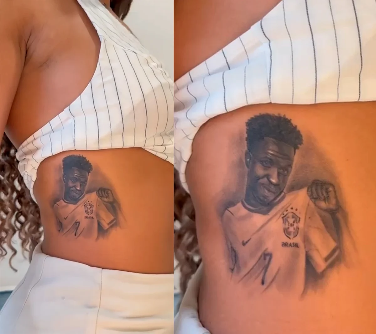 Modelo fez uma tatuagem do Vini Jr. em seu corpo Modelo fez uma tatuagem do Vini Jr. em seu corpo