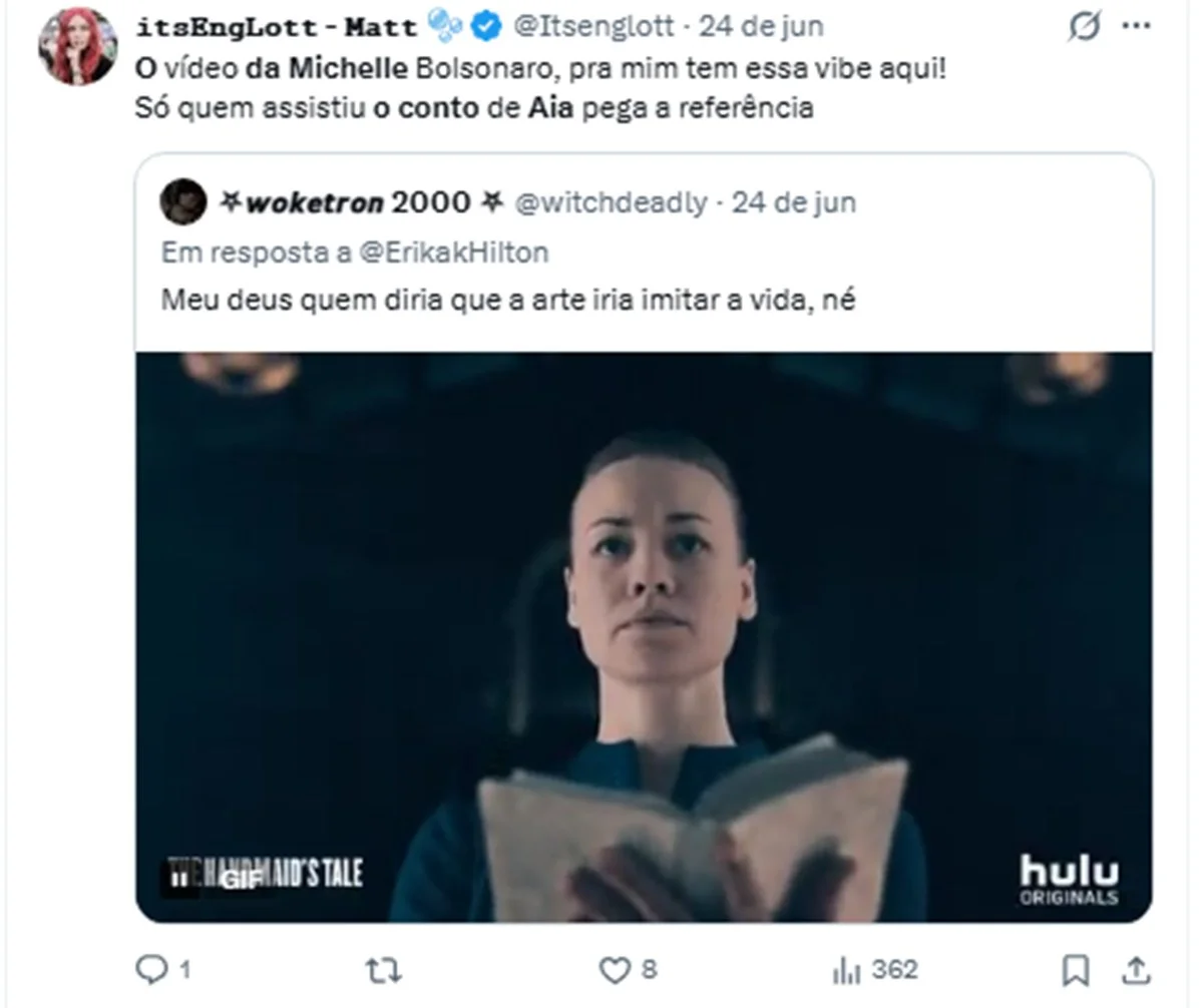 Por que Michelle Bolsonaro está sendo comparada a Serena Joy, de O Conto da Aia? - imagem 4 Por que Michelle Bolsonaro está sendo comparada a Serena Joy, de O Conto da Aia? - imagem 4