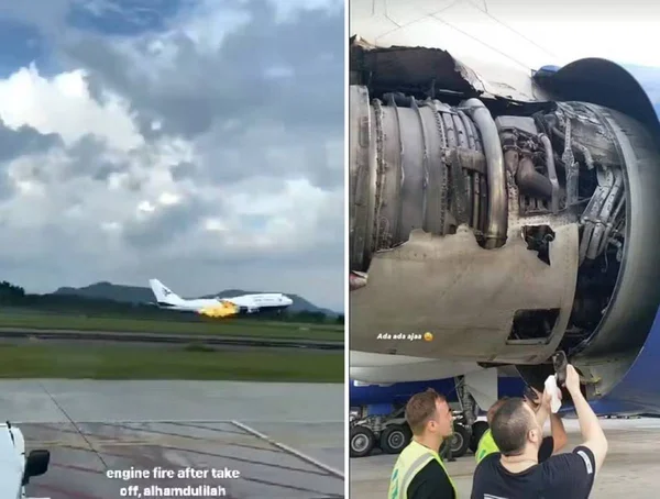 imagem colorida boeing pega fogo decolagem