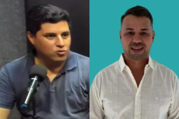 fotomontagem colorida do jornalista e pré-candidato a prefeito no Guarujá Thiago Rodrigues (esq.), morto em dezembro na cidade; e o pré-candidato a vereador Edgar dos Reis (dir.), morto em maio no Guarujá - Metrópoles