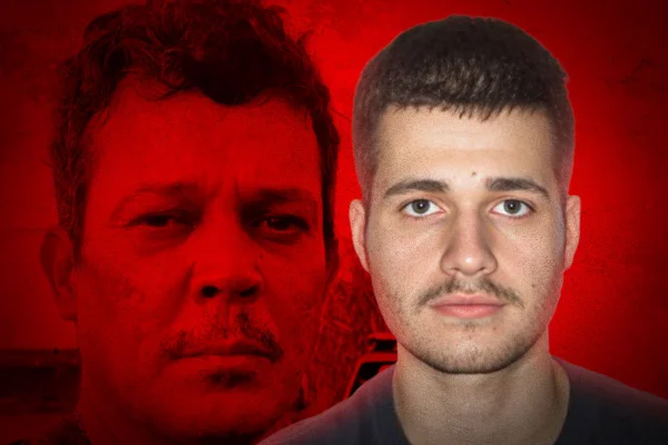 Arte gráfica com fundo vermelho, cor que cobre rosto de homem da esquerda. A direita jovem branco, de bigode ralo e cabelo curto - Metrópoles