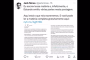 Repórter do The New York Times comentou publicação de Eduardo Bolsonaro