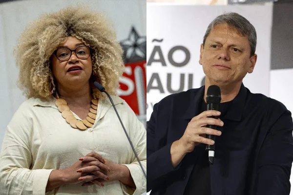Imagem mostra deputada estadual Ediane Maria, à esquerda, discursando na Alesp, e, à direita, o governador Tarcisio de Freitas com microfone na mão em evento