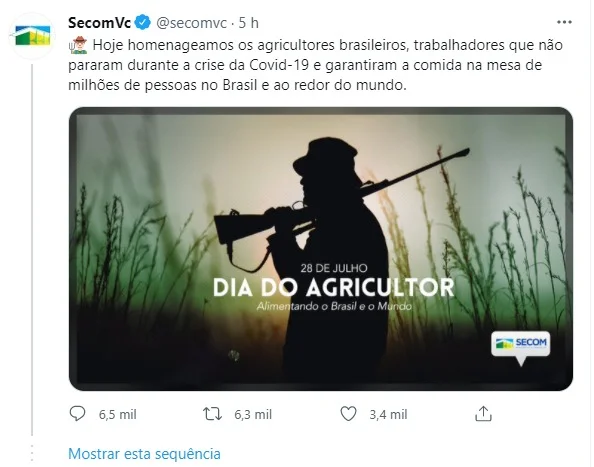 Repercussão negativa faz Secom apagar post sobre Dia do Agricultor