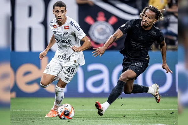 Foto colorida de Gabriel Bontempo e André Carrillo, em Corinthians x Santos - Metrópoles