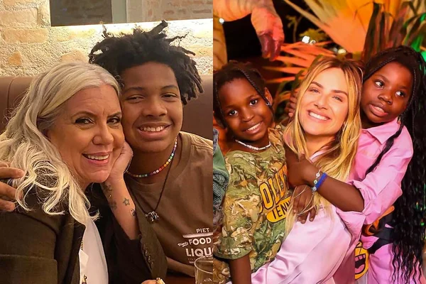 Astrid Fontenelle e o filho, Gabriel, e Giovanna Ewbank com os filhos Bless e Titi