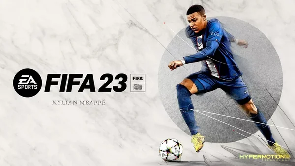 Cartaz de divulgação do jogo Fifa23, da EA Sportes, com a imagem do jogador francês Mbappé correndo com uma bola próxima ao pé - Metrópoles
