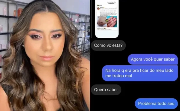 imagem colorida de uma mulher ao lado de prints de mensagens no Instagram - Metrópoles
