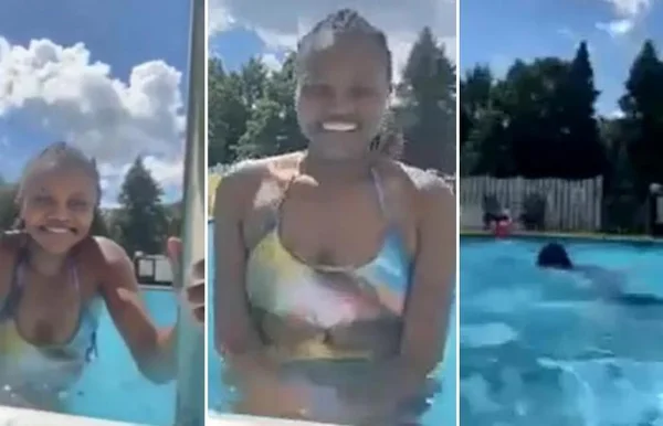 colagem colorida com fotos de mulher na piscina antes de se afogar