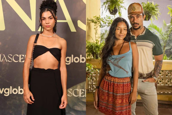 Foto colorida de Zinha (Samantha Jones), Ritinha (Mell Muzzillo) e Damião (Xamã), em Renascer, novela da Globo - Metrópoles