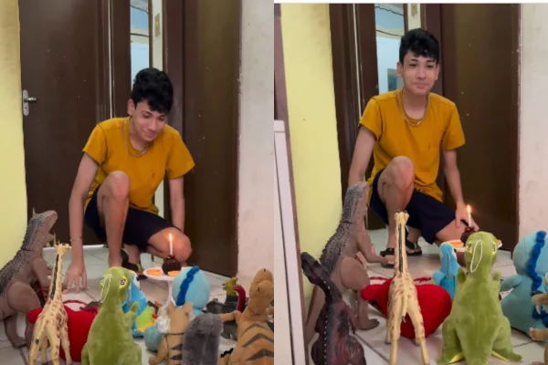 Foto colorida de um jovem e pelúcias - Metrópoles