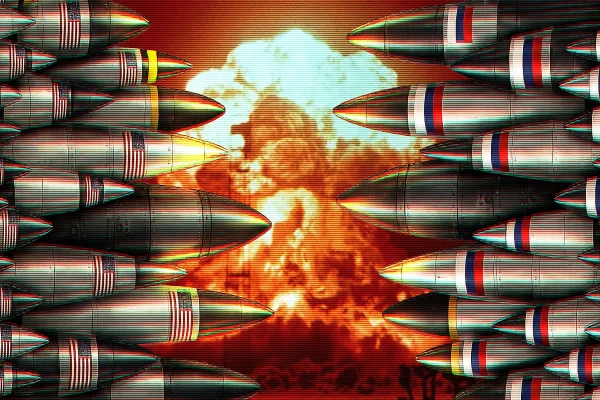 Arte mostrando armas nucleares com bandeiras dos Estados Unidos e da Rússia