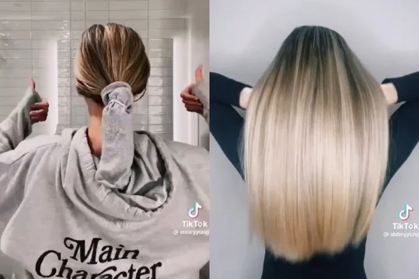Montagem que mostra o antes e o depois de um tratamento capilar. A mulher aparece apenas de costa e dá para ver que ela é branca e jovem e possui o cabelo liso, grande e loiro. - Metrópoles