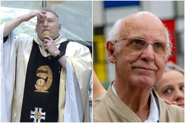 Montagem colorida com fotos dos padres Marcelo Rossi e Júlio Lancellotti
