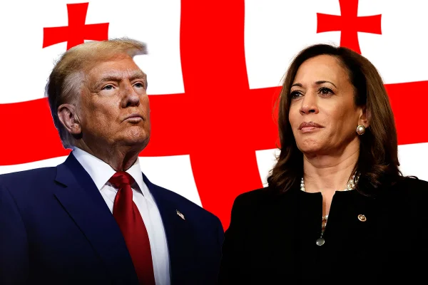 Imagem do DOnald Trump e da Kamala Harris na frente da bandeira do estado de georgia