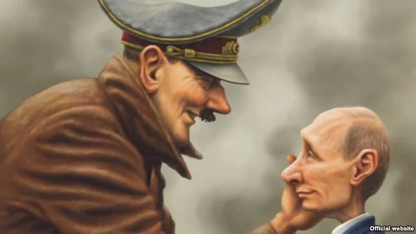 Perfil da Ucrânia no Twitter posta desenho relacionando Hitler a Putin. Em desenho, o líder nazista acaricia o rosto de Putin, em menor escala - Metrópoles