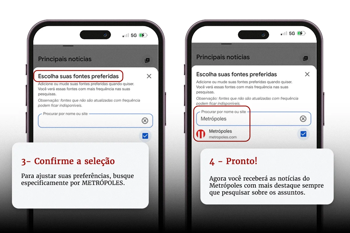 Saiba como ter o Metrópoles como fonte favorita de notícia no Google Saiba como ter o Metrópoles como fonte favorita de notícia no Google