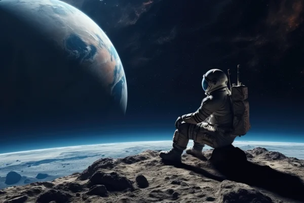 Ilustração colorida de astronaus na Lua olhando para a Terra -Metrópoles.