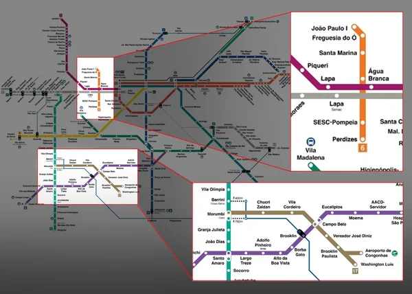 Mapa do metrô, com destaque para novo trecho da Linha 6-Laranja e nova estação Washington Luís, da Linha 17-Ouro