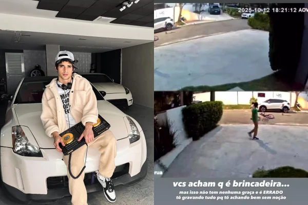 Montagem colorida: À esquerda Fiuk, sentando em um capô de carro. À direita um print de imagens de câmera de segurança de Fiuk que mostram vizinhos "invadindo" a casa dele