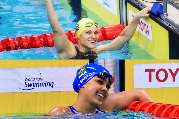 Carol Santiago, ouro nos 100m costas, e Alessandra Oliveira, ouro nos 100m peito
