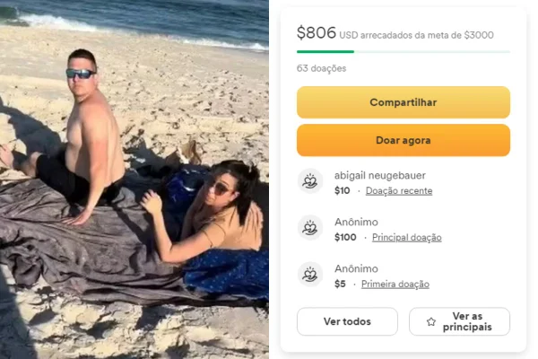 Foto colorida de um mulher e um homem e, ao lado, um print de uma vaquinha on-line - Metrópoles
