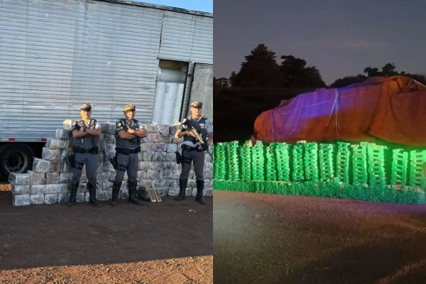 Imagens coloridas mostram tabletes de maconha apreendidos em duas carretas. Na imagem da esquerda, três policiais militares rodoviários posam à frene da carga apreendida em um caminhão baú