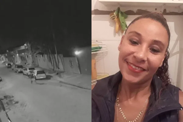 Montagem da cena do crime (à esquerda) e de Viviane de Jesus Bonfim, mulher que foi morta a pauladas em Itanhaém (SP) (à direita)