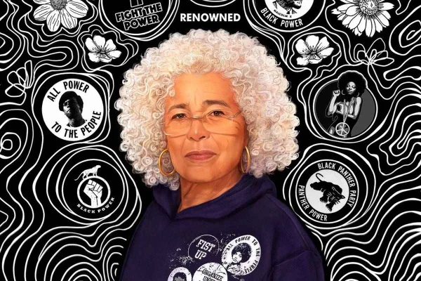 Angela Davis usando moletom com arte no fundo