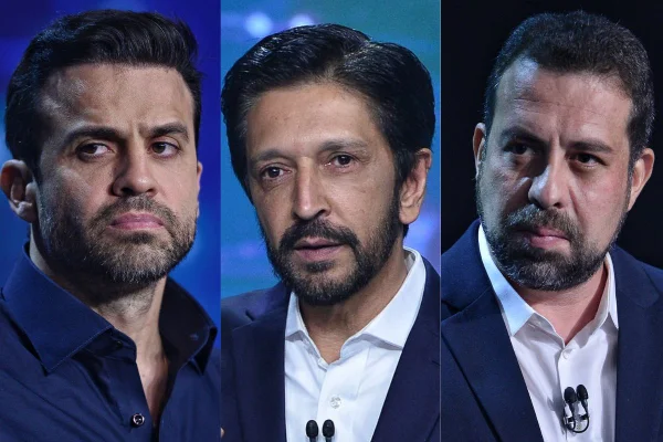 pesquisas Montagem mostra recortes de fotos de Pablo Marçal, Ricardo Nunes e Guilherme Boulos, candidatos à Prefeitura de São Paulo