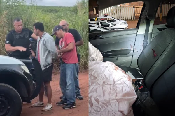 Imagem colorida de montagem de homem preso e carro com sangue. Metrópoles