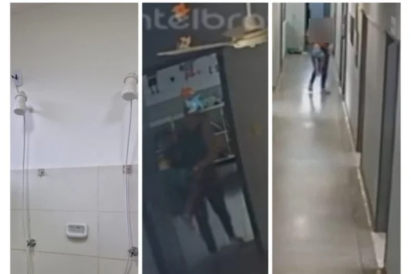Imagem colorida de montagem com chuveiros usados na tortura e da mulher torturando as crianças. Metrópoles