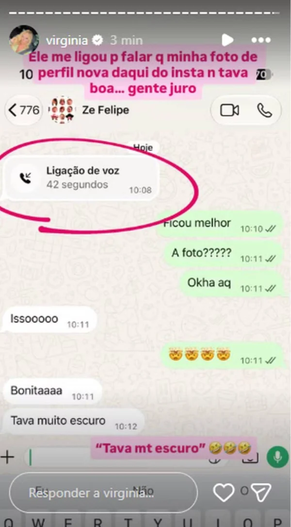 Virginia revela pedido inusitado de Zé Felipe e expõe print de conversa - destaque galeria Virginia revela pedido inusitado de Zé Felipe e expõe print de conversa - destaque galeria