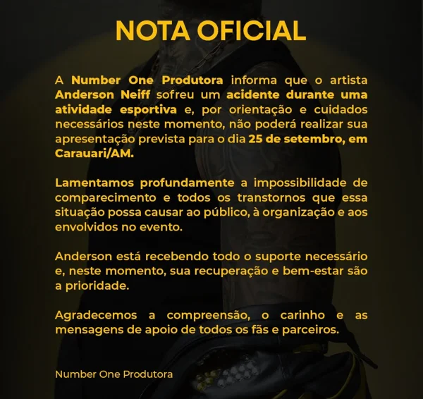 Anderson Neiff desabafa após sofrer lesão e cancelar show: “Muita dor” - destaque galeria Anderson Neiff desabafa após sofrer lesão e cancelar show: “Muita dor” - destaque galeria