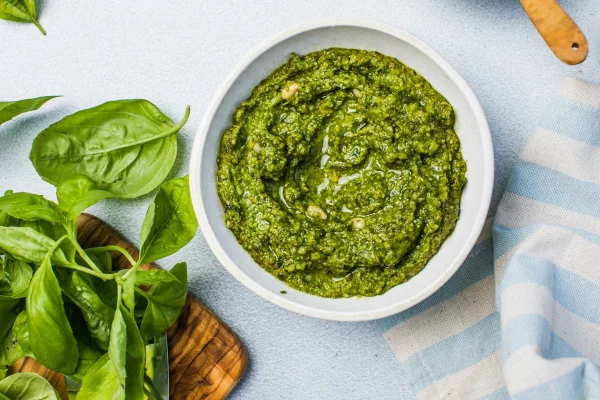 Molho pesto e ingredientes em fundo branco, copie o espaço