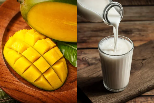 montagem com fotos coloridas de manga e leite - mitos alimentação