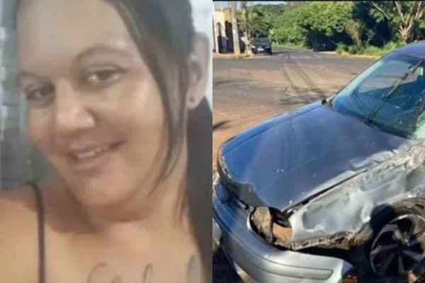 Imagem colorida mostra montagem lado a lado na vertical. No lado esquerdo está a foto de uma mulher branca sorrindo, com cabelos escuros soltos em frente ao rosto. No lado direito está a foto de um carro com o capô amassado - Metrópoles