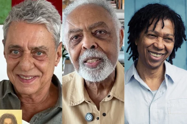 Montagem de imagens mostra (da esquerda para direita) Chico Buarque, Gilberto Gil e Djavan - Metrópoles
