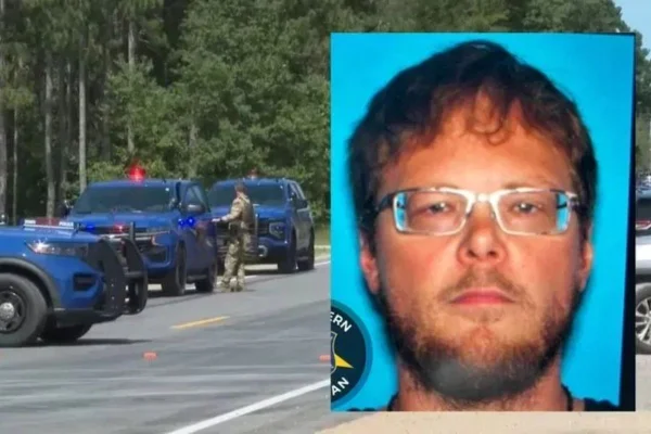 Montagem com foto colorida de polícia no local do crime e de Chad Hickman, de 39 anos, suspeito do crime - Metrópoles