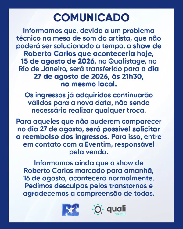 Roberto Carlos adia show no Rio após problemas técnicos; veja nota - destaque galeria Roberto Carlos adia show no Rio após problemas técnicos; veja nota - destaque galeria