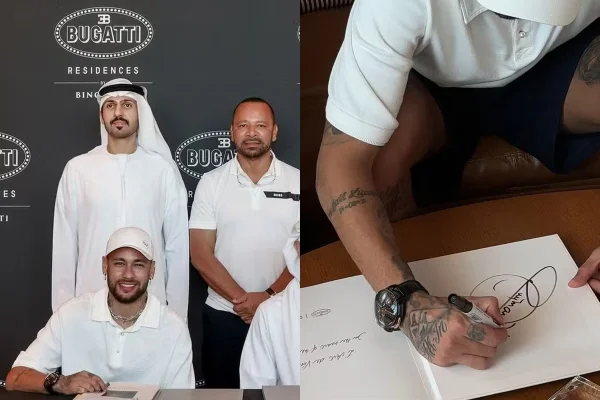 Foto colorida de Neymar assinando contrato - Metrópoles